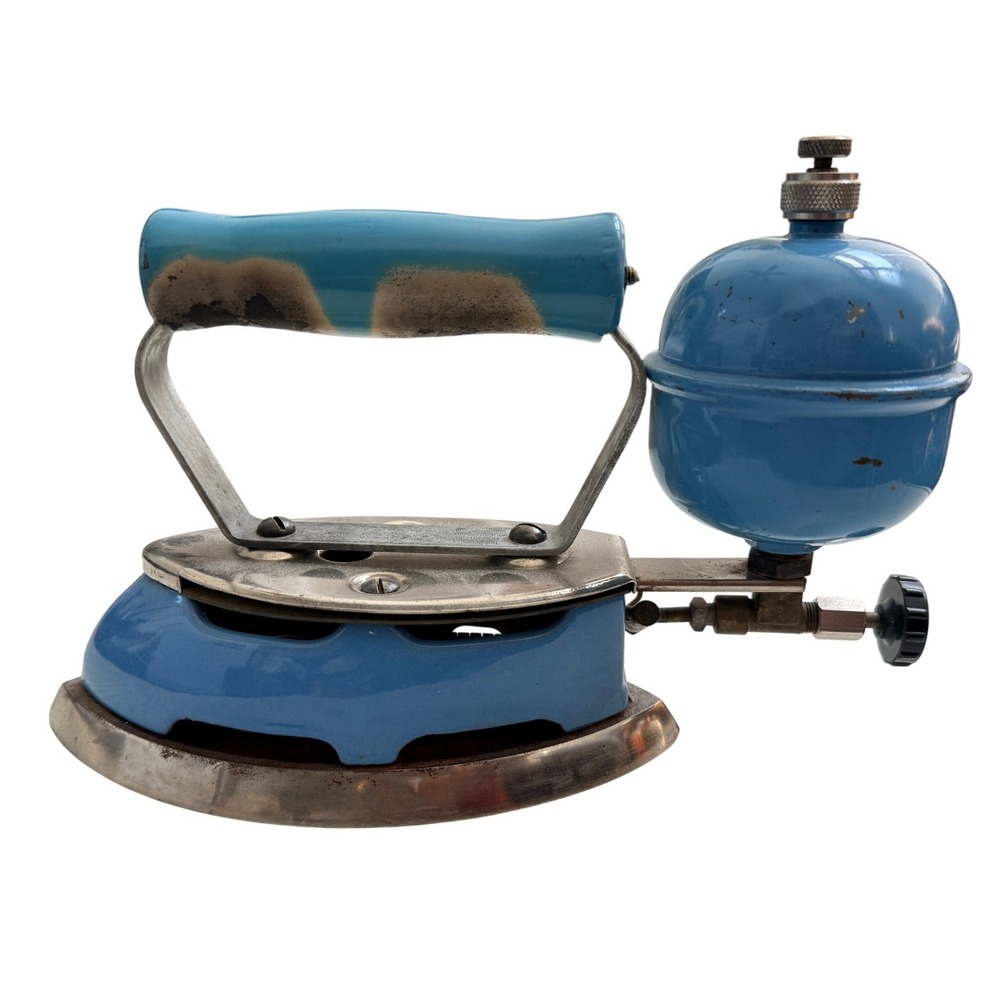 Coleman Vintage Gas Iron Blue Enamel‎ Wood Handle OS Blue Metal Gasoline